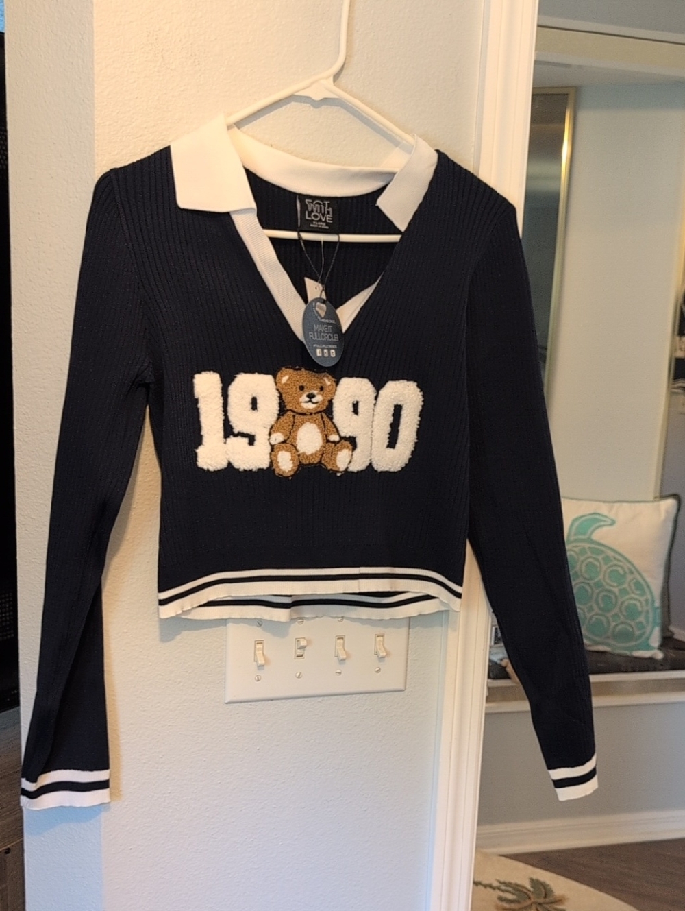 Teddy 1990 Navy Collared V-Neck Sweater Brand New